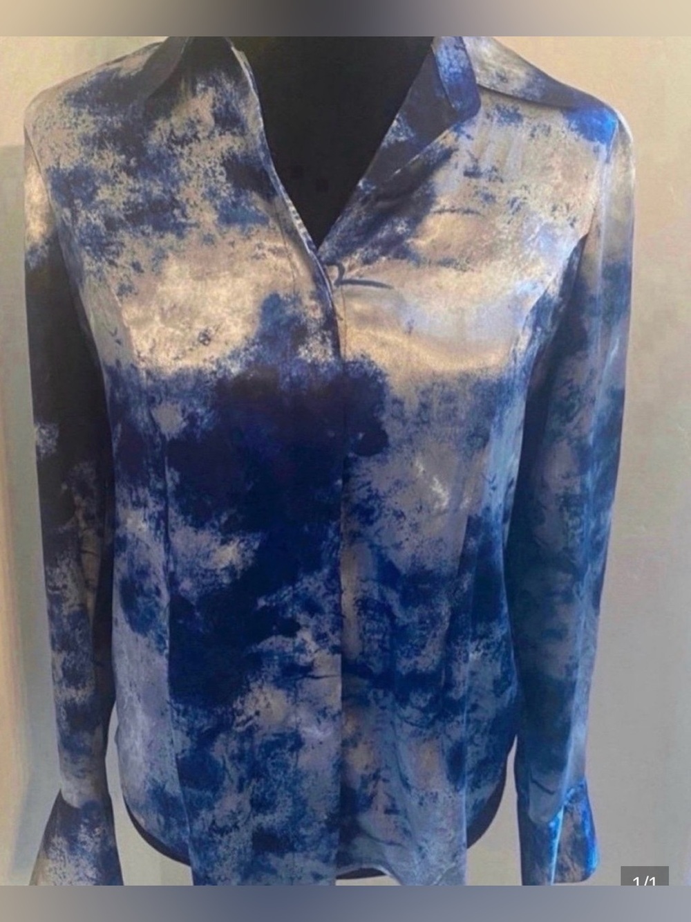Women’s Blue Marble Print Satin Blouse Jacket (Size M)